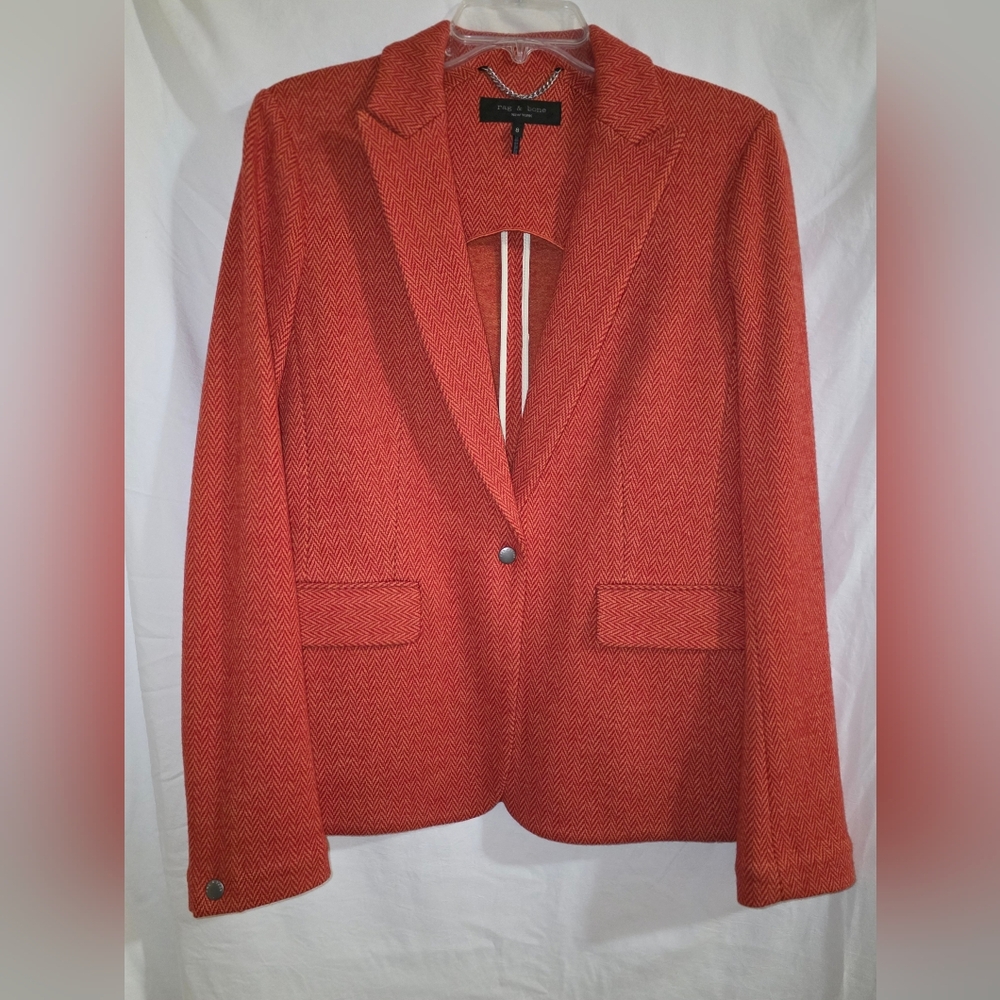 Rag & Bone Vibrant Orange Herringbone Blazer Wool Blend